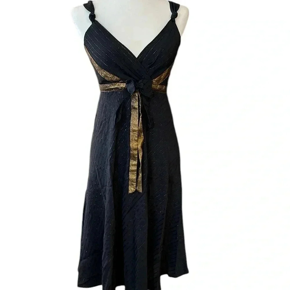 Marc Jacobs Runway Babydoll Hold Metallic Bow Black Cocktail Midi Dress Size 4